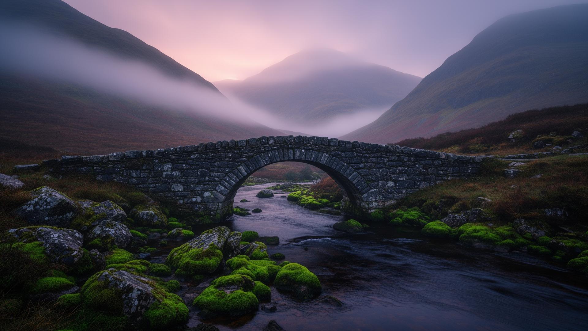 Misty Highland glen at dawn